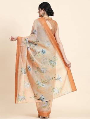 Orange printed art silk traditional saree with blouse piece 2