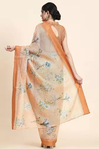 Orange printed art silk traditional saree with blouse piece