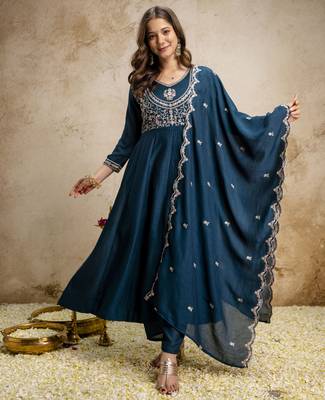 Blue vichitra silk embroidered anarkali kurta pant set with dupatta 1