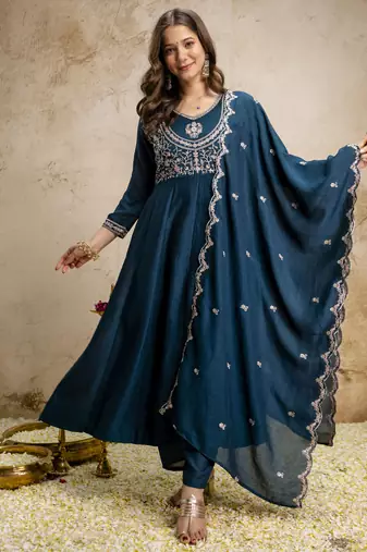 Blue vichitra silk embroidered anarkali kurta pant set with dupatta