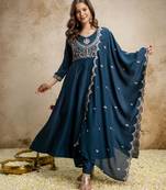 Blue vichitra silk embroidered anarkali kurta pant set with dupatta