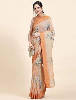 Orange printed art silk traditional saree with blouse piece 3