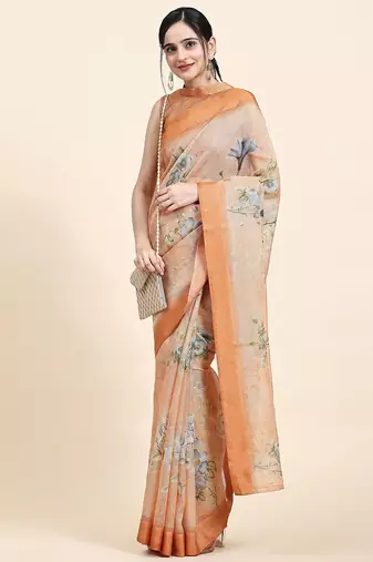 Orange printed art silk traditional saree with blouse piece