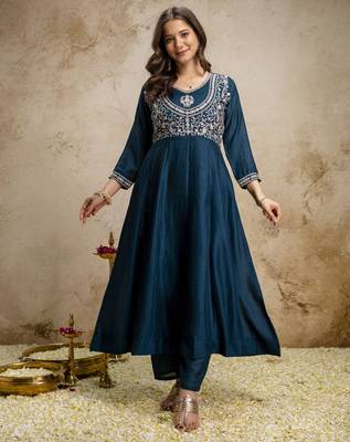 Blue vichitra silk embroidered anarkali kurta pant set with dupatta 2