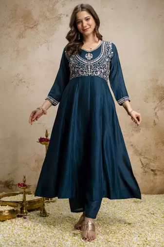 Blue vichitra silk embroidered anarkali kurta pant set with dupatta