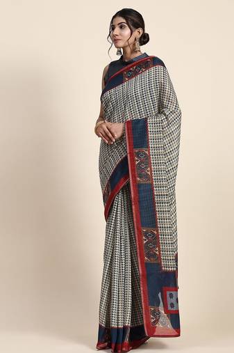 Blue printed art silk traditional saree with blouse piece