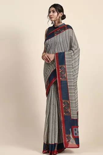 Blue printed art silk traditional saree with blouse piece