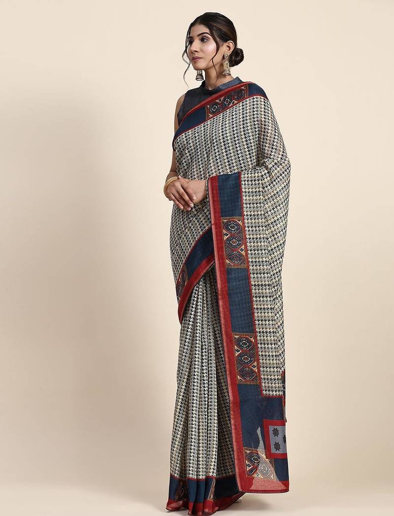 Blue printed art silk traditional saree with blouse piece