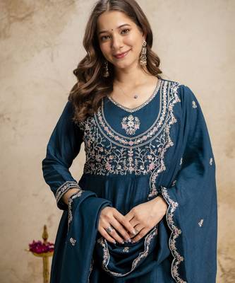 Blue vichitra silk embroidered anarkali kurta pant set with dupatta 3