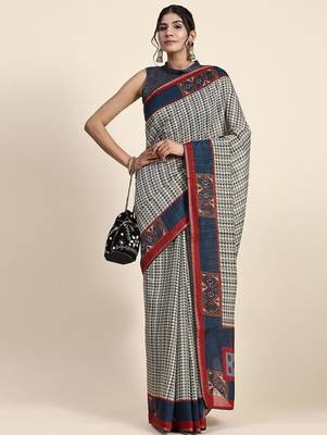 Blue printed art silk traditional saree with blouse piece 3