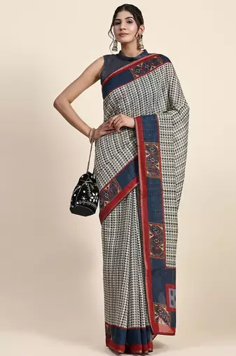 Blue printed art silk traditional saree with blouse piece