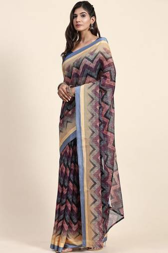 Grey printed art silk traditional saree with blouse piece