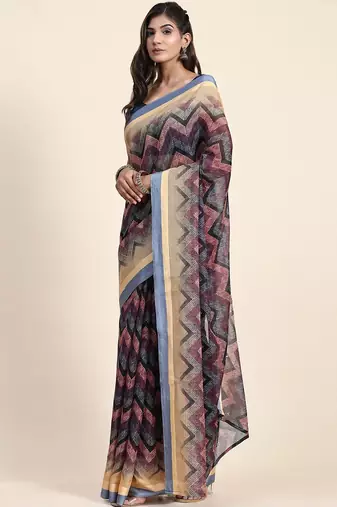 Grey printed art silk traditional saree with blouse piece