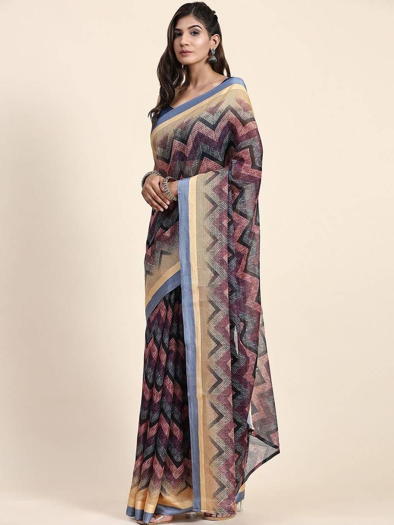 Grey printed art silk traditional saree with blouse piece
