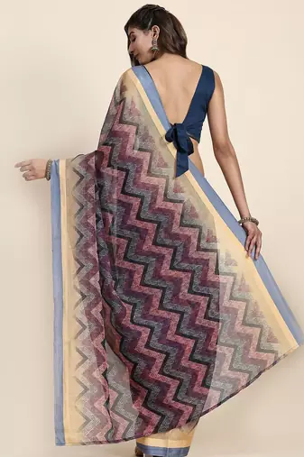Grey printed art silk traditional saree with blouse piece