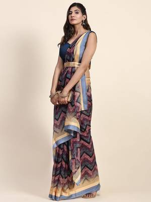 Grey printed art silk traditional saree with blouse piece 3