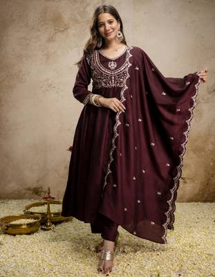 Brown vichitra silk embroidered anarkali kurta pant set with dupatta 1