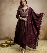 Brown vichitra silk embroidered anarkali kurta pant set with dupatta