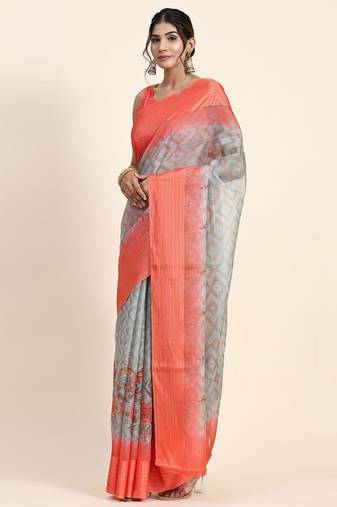 Orange printed art silk traditional saree with blouse piece