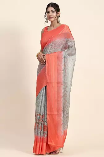 Orange printed art silk traditional saree with blouse piece