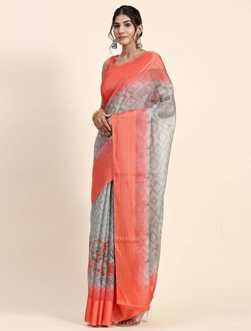 Orange printed art silk traditional saree with blouse piece