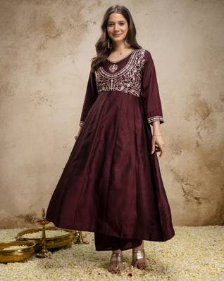 Brown vichitra silk embroidered anarkali kurta pant set with dupatta 2