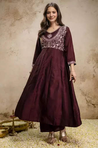 Brown vichitra silk embroidered anarkali kurta pant set with dupatta