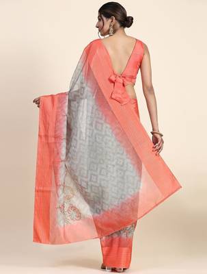 Orange printed art silk traditional saree with blouse piece 2