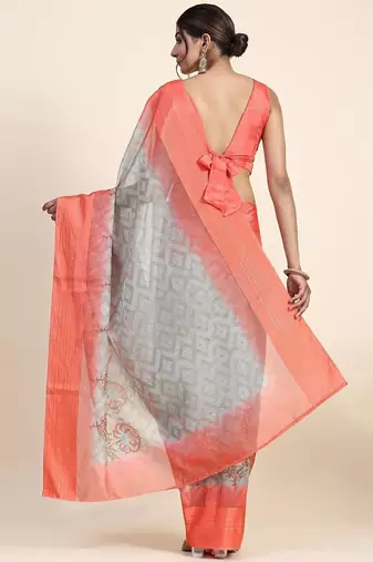 Orange printed art silk traditional saree with blouse piece