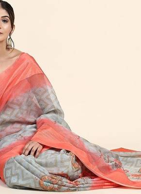 Orange printed art silk traditional saree with blouse piece 3
