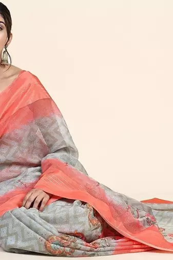 Orange printed art silk traditional saree with blouse piece