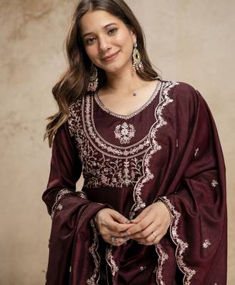 Brown vichitra silk embroidered anarkali kurta pant set with dupatta 3