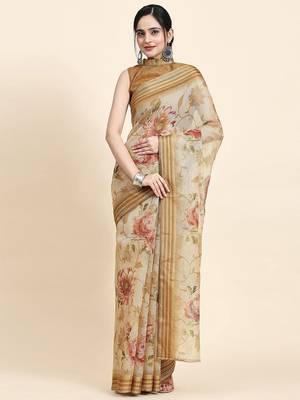 Beige printed art silk traditional saree with blouse piece 1