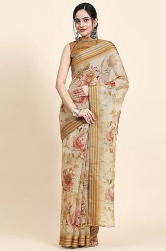 Beige printed art silk traditional saree with blouse piece