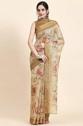 Beige printed art silk traditional saree with blouse piece