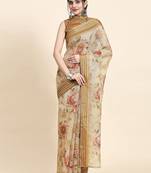 Beige printed art silk traditional saree with blouse piece
