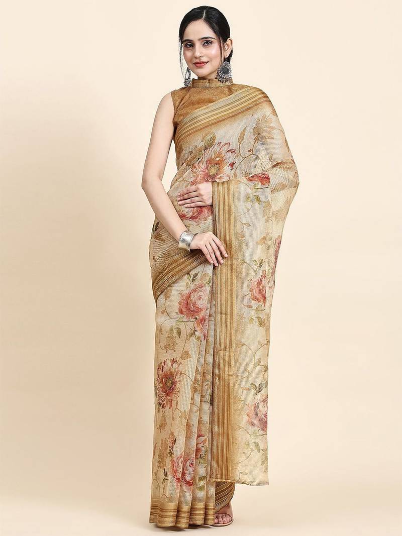 Beige printed art silk traditional saree with blouse piece
