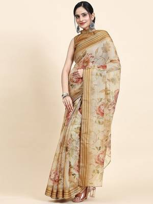 Beige printed art silk traditional saree with blouse piece 2