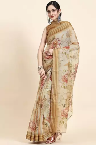 Beige printed art silk traditional saree with blouse piece