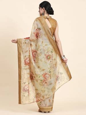 Beige printed art silk traditional saree with blouse piece 3