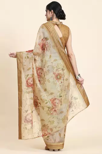 Beige printed art silk traditional saree with blouse piece