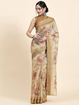 Beige printed art silk traditional saree with blouse piece 4