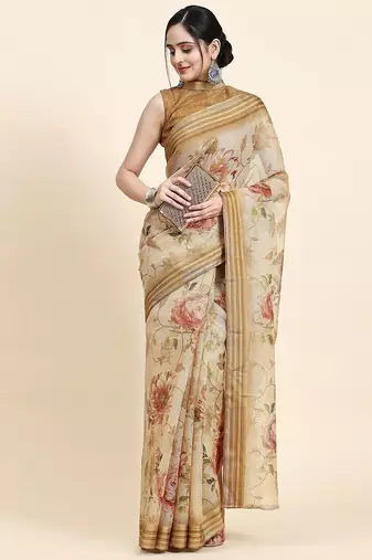 Beige printed art silk traditional saree with blouse piece