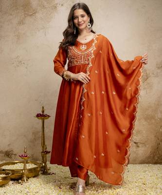 Orange vichitra silk embroidered anarkali kurta pant set with dupatta 1