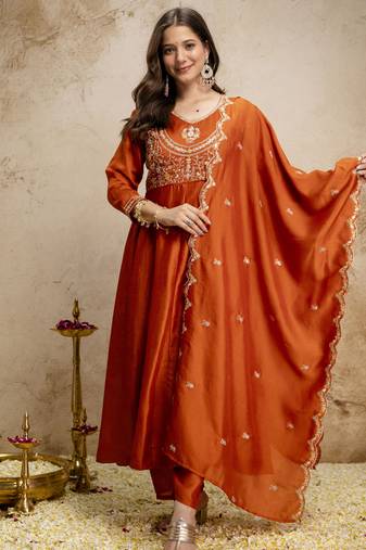 Orange vichitra silk embroidered anarkali kurta pant set with dupatta