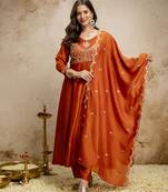 Orange vichitra silk embroidered anarkali kurta pant set with dupatta