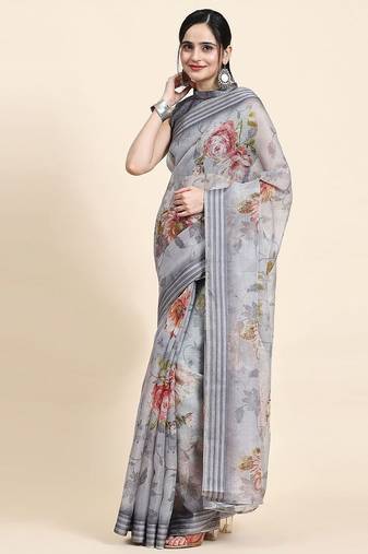 Grey printed art silk traditional saree with blouse piece