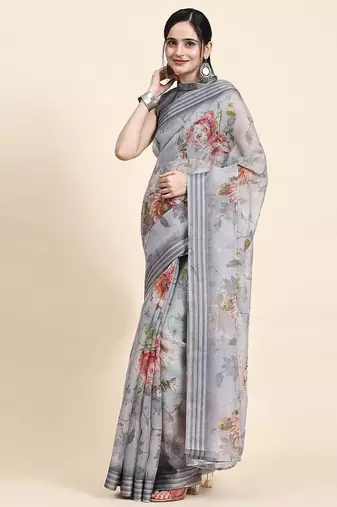 Grey printed art silk traditional saree with blouse piece