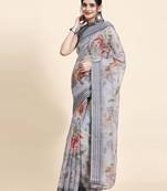 Grey printed art silk traditional saree with blouse piece