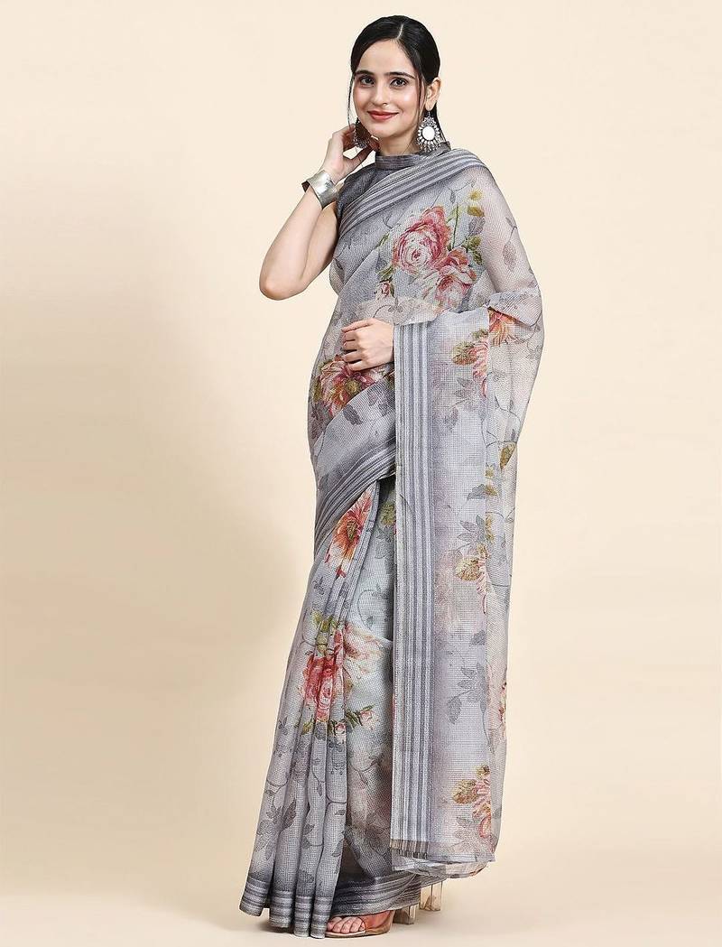 Grey printed art silk traditional saree with blouse piece